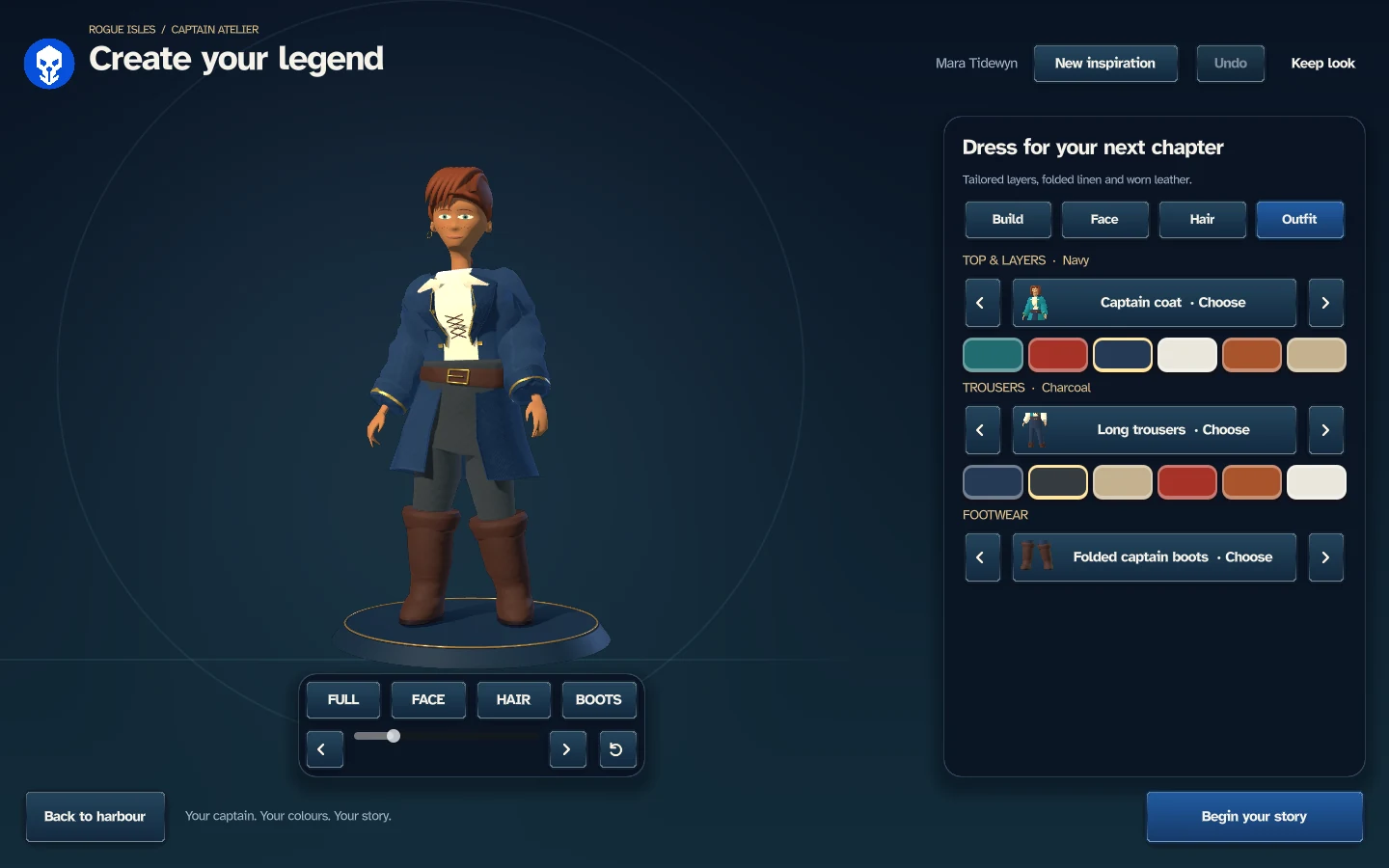 R69 character creator with the refined female pirate, navy captain coat and current outfit controls