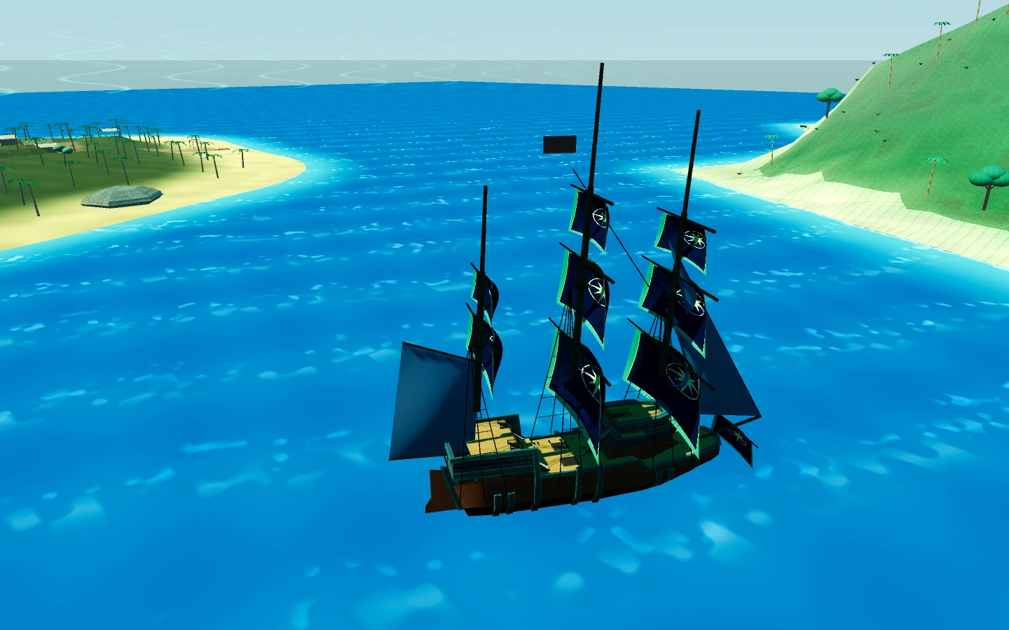 R69 frigate with full sails and broadside cannons off a tropical island coast