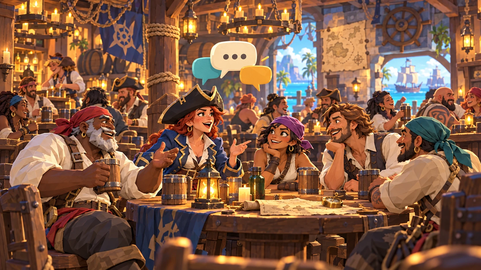 A lively low-poly pirate tavern with captains sharing stories and floating chat bubbles