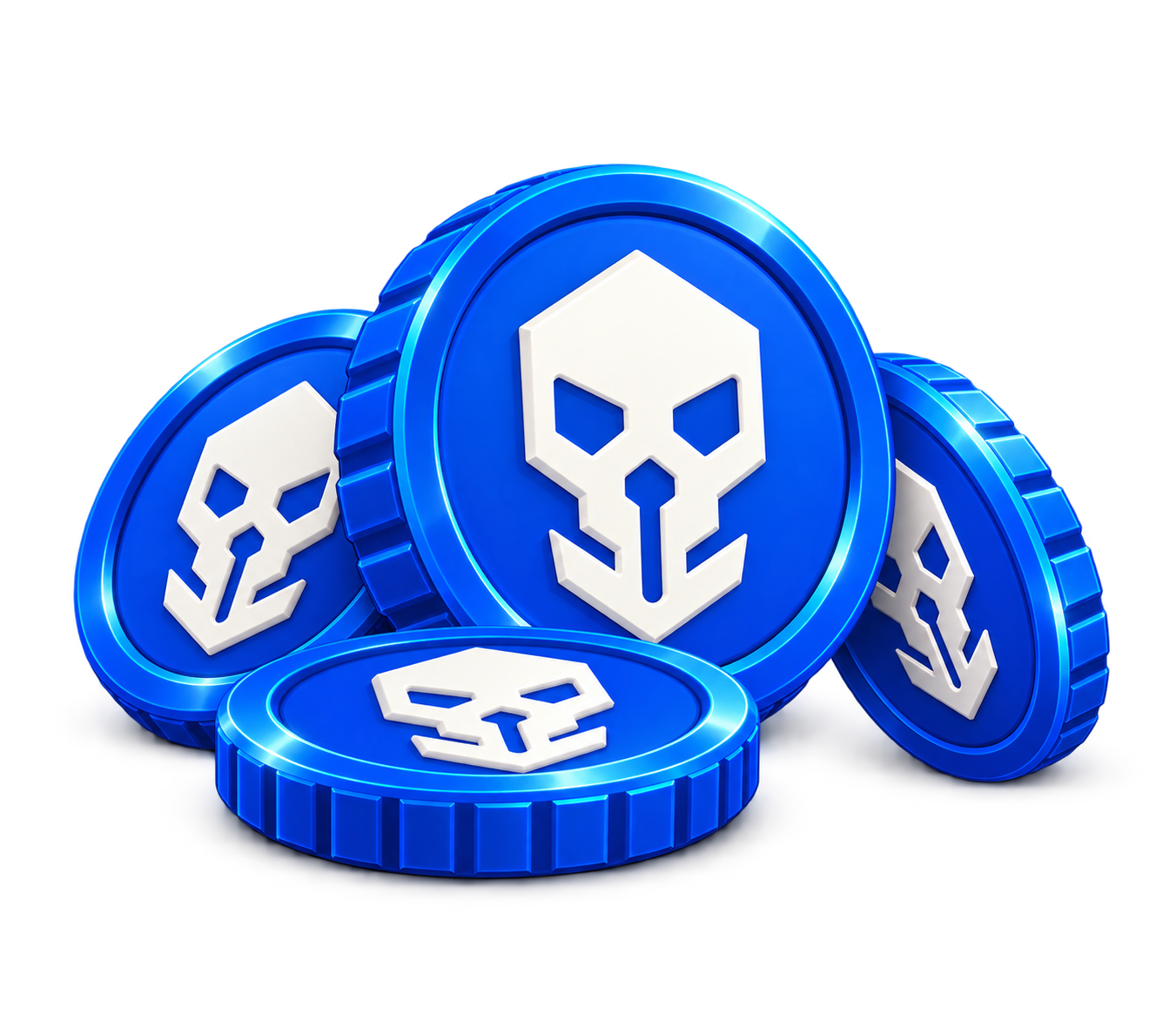 Four glossy blue Rogue coins with raised white skull emblems